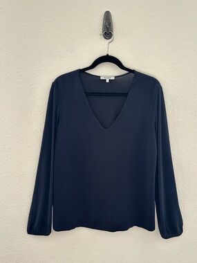 MaxMara Navy Blue Silk Blend V-Neck Long Sleeve Blouse Luxe XL